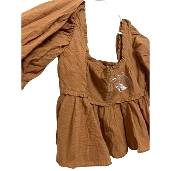 Free People Leave It To Me Babydoll Crop Square Neck Top Tan Camel Medium NWOT - Picture 5 of 7